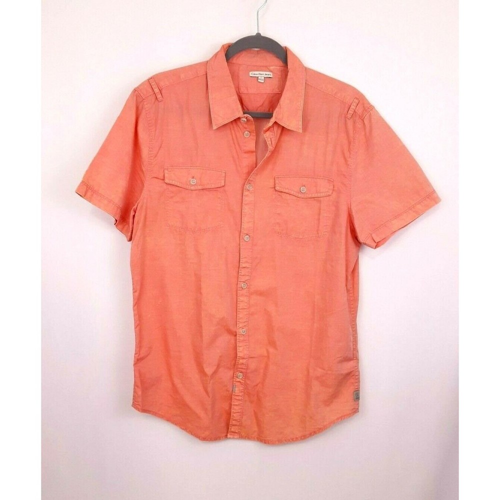 Calvin Klein Shirt Short Sleeve Button Up Shirt 100% Cotton L Slim